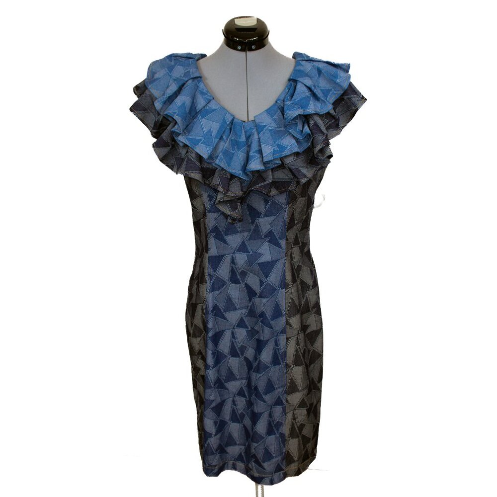 NWT SASSY JONES Medium Ginger Denim Pencil Dress Patchwork Midi Ruffle Jeans